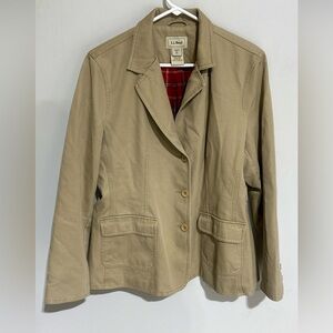 VINTAGE LL Bean Jacket Womens XL REG Tan Canvas Coat W/ Collar PLAID LINING.